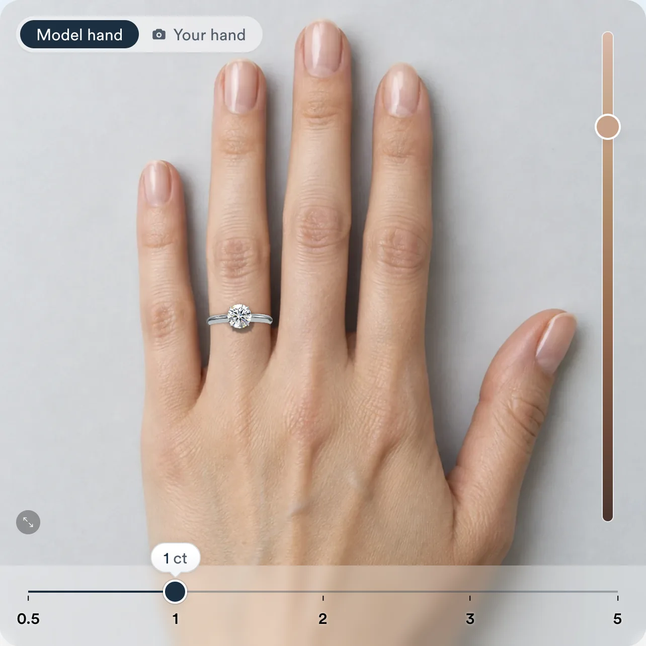 Diamond size on hand simulator: Hand with a size 6 finger wearing a 1.00 carat round diamond at actual size